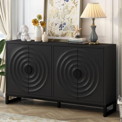 Storage Cabinet Sideboard Wooden Cabinet with Stunning Water Wave Door Design, Rubberwood Veneer and Adjustable Shelves