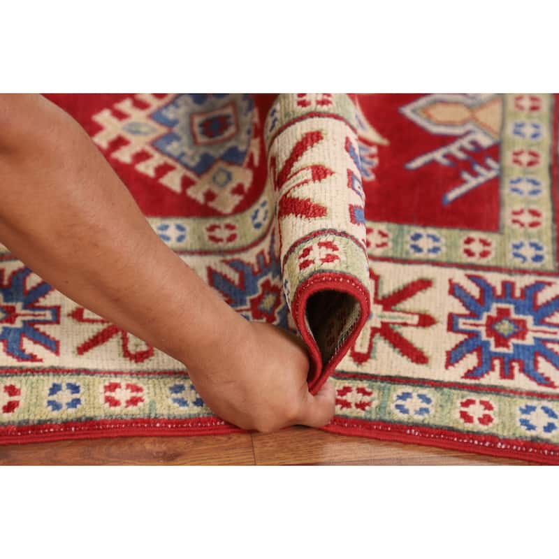 Red Geometric Kazak Oriental Area Rug Handmade Traditional Wool Carpet - 4'11" x 6'6"