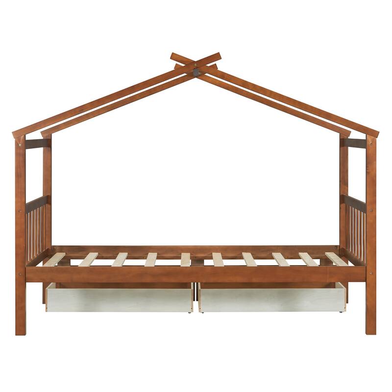 Twin Size House Bed with 2 Storage Drawers and Headboard Solid Wood Construction