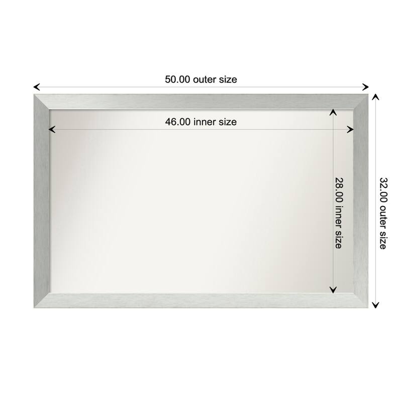 Brushed Sterling Silver Framed Non-Beveled Custom Wall Mirror, Bathroom Vanity Mirror - Outer Size: 50 x 32
