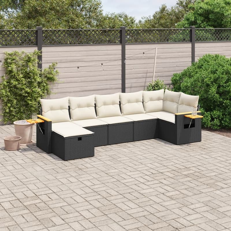 vidaXL Patio Sofa Set with Cushions Outdoor Conversation Furniture Poly Rattan - Black and cream without table - form1 - 24.4 x 24.4 x 27.2 in