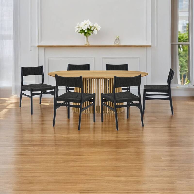 HomeRoots Seven Piece Oak Oval Dining Set with Six Chairs - 79.00 in. x 30.00 in.  x 43.00 in. - Black/Natural