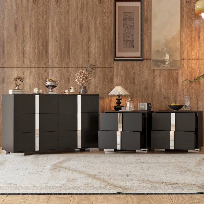 3-Pieces Sets, Elegant 6 Drawers Dresser And Two Nightstands, Storage Cabinet And Bedside Table With Metal Handles