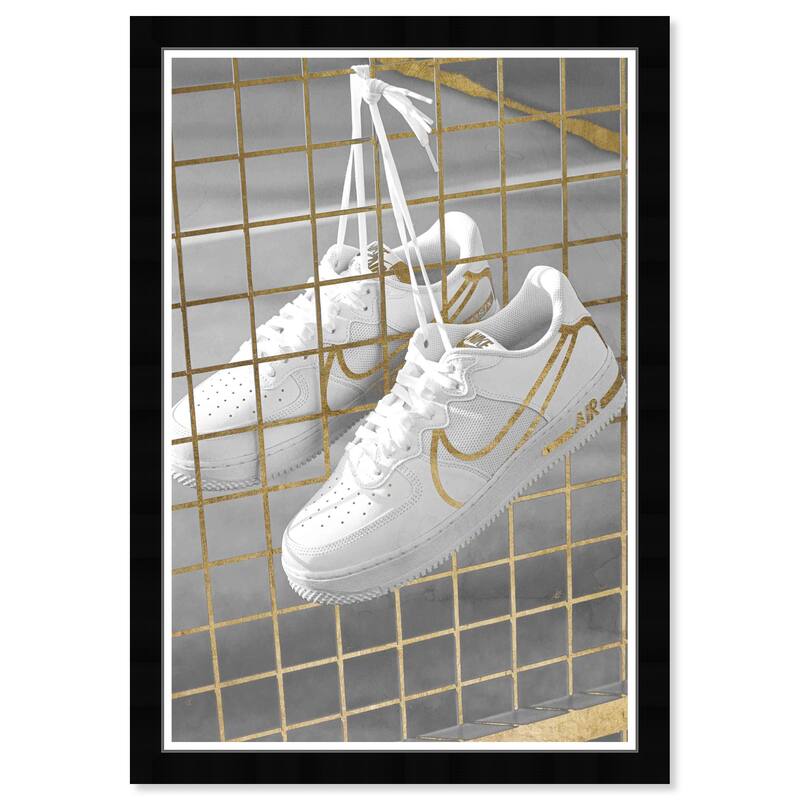 Wynwood Studio Canvas Fashion and Glam Golden Fence Sneakers White and Metallic Gold Modern & Contemporary Wall Art Canvas Print