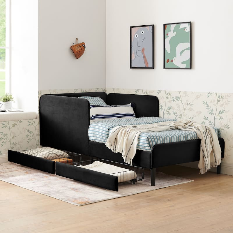 Roomfitters Twin/Full Upholstered Platform Bed with Side Backrest and Underbed Storage Trundle