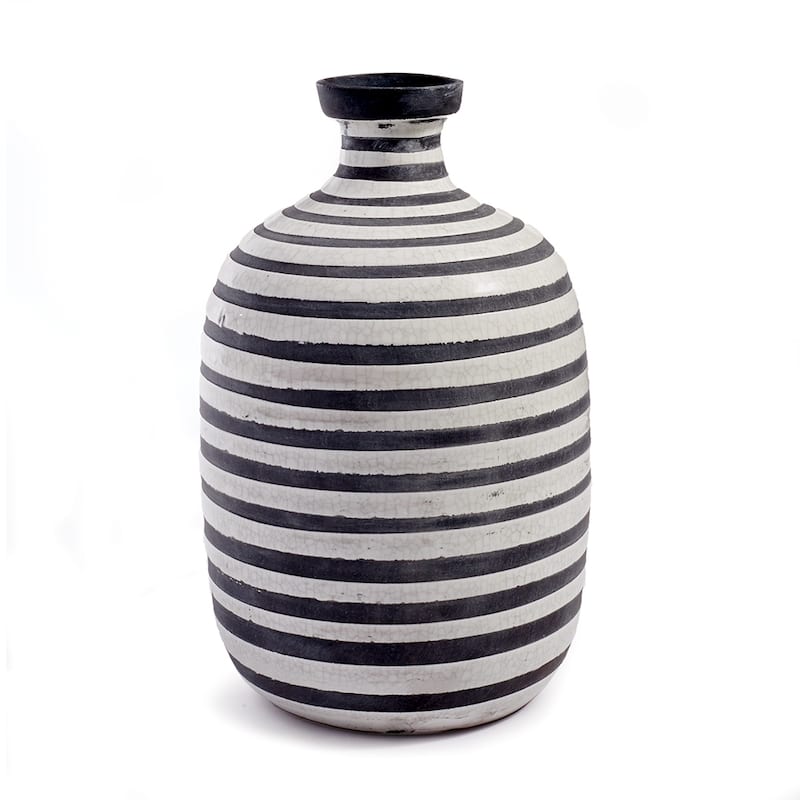 14.5" Mombasa Black & White Stripes Decorative Ceramic Vase Bottle