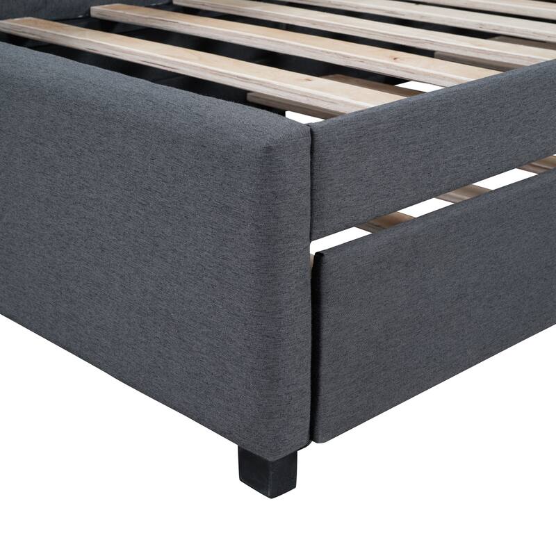 Twin Daybed Frame Linen Upholstered Sofa Bed L Shaped Backrest Mattress Holde Slat Support with Twin Size Trundle