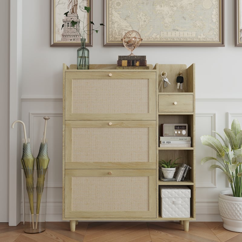 Freestanding Shoe Storage Cabinet, Narrow Hidden Shoe Rack with 3 Rattan Flip Drawers, 3 Square Shelves & 1 Storage Drawer - Natural Wood