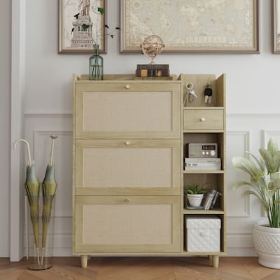 Freestanding Shoe Storage Cabinet, Narrow Hidden Shoe Rack with 3 Rattan Flip Drawers, 3 Square Shelves & 1 Storage Drawer
