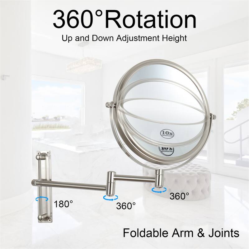 10x Magnifying Wall Mounted Mirror Finished Satin Nickel Finished