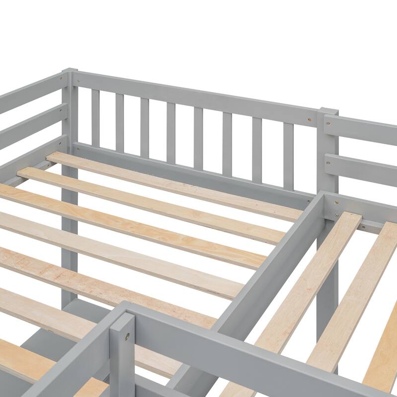 Space-Saving Twin L-Shaped Loft Bed with 2 Built-in Desks, Ladder, and Wooden Slat Support
