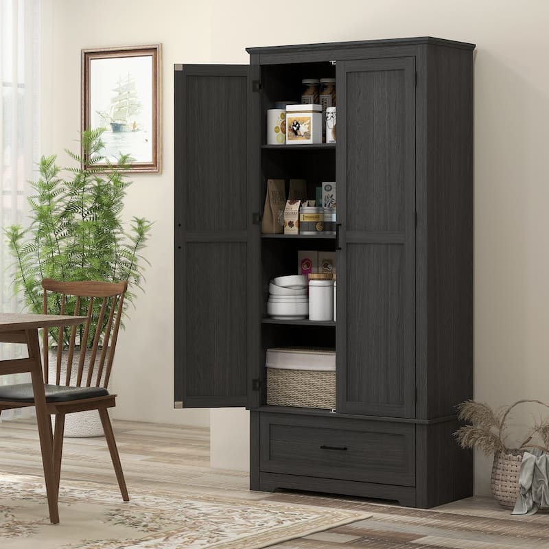 69" Tall Kitchen Pantry Storage Cabinet, Farmhouse Freestanding Pantry Cabinet with 2 Doors, Drawer and Adjustable Shelves