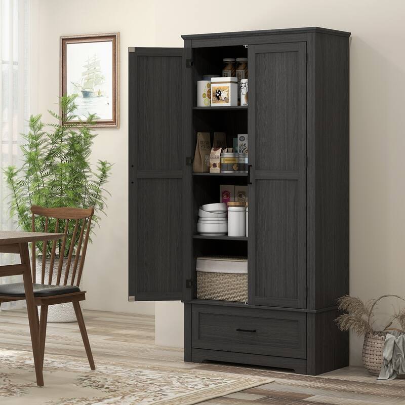 Tall Kitchen Pantry Storage Cabinet with Smooth-Glide Drawer, Freestanding Buffet with Adjustable Shelves