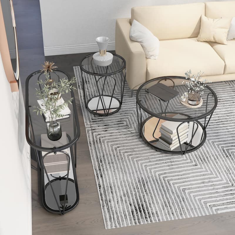 Gable Glam Glass Top 3-Piece Coffee Table Set with Shelf by Furniture of America