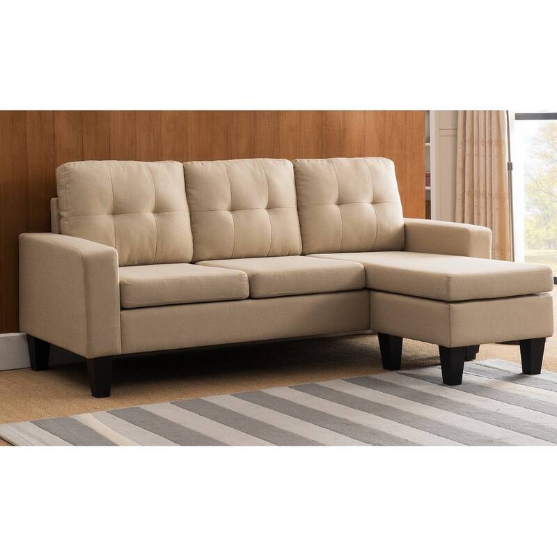 Fabric Upholstered Tufted Reversible L-Shape Sectional Sofa w/ Ottoman