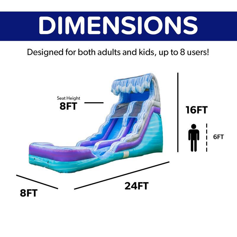 HeroKiddo Ocean Wave 16' Commercial Grade Inflatable Water Slide with Attached Pool and Drainage for Kids and Adults with Blower
