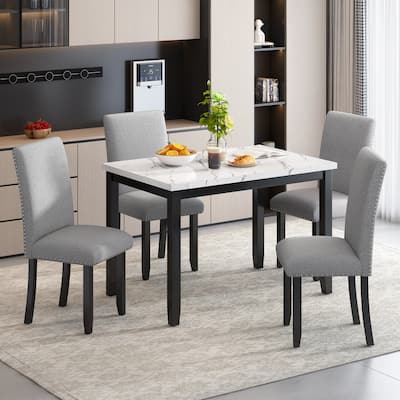 5-Piece Dining Table Set for 4, Marble Dining Table with 4 Upholstered Chairs