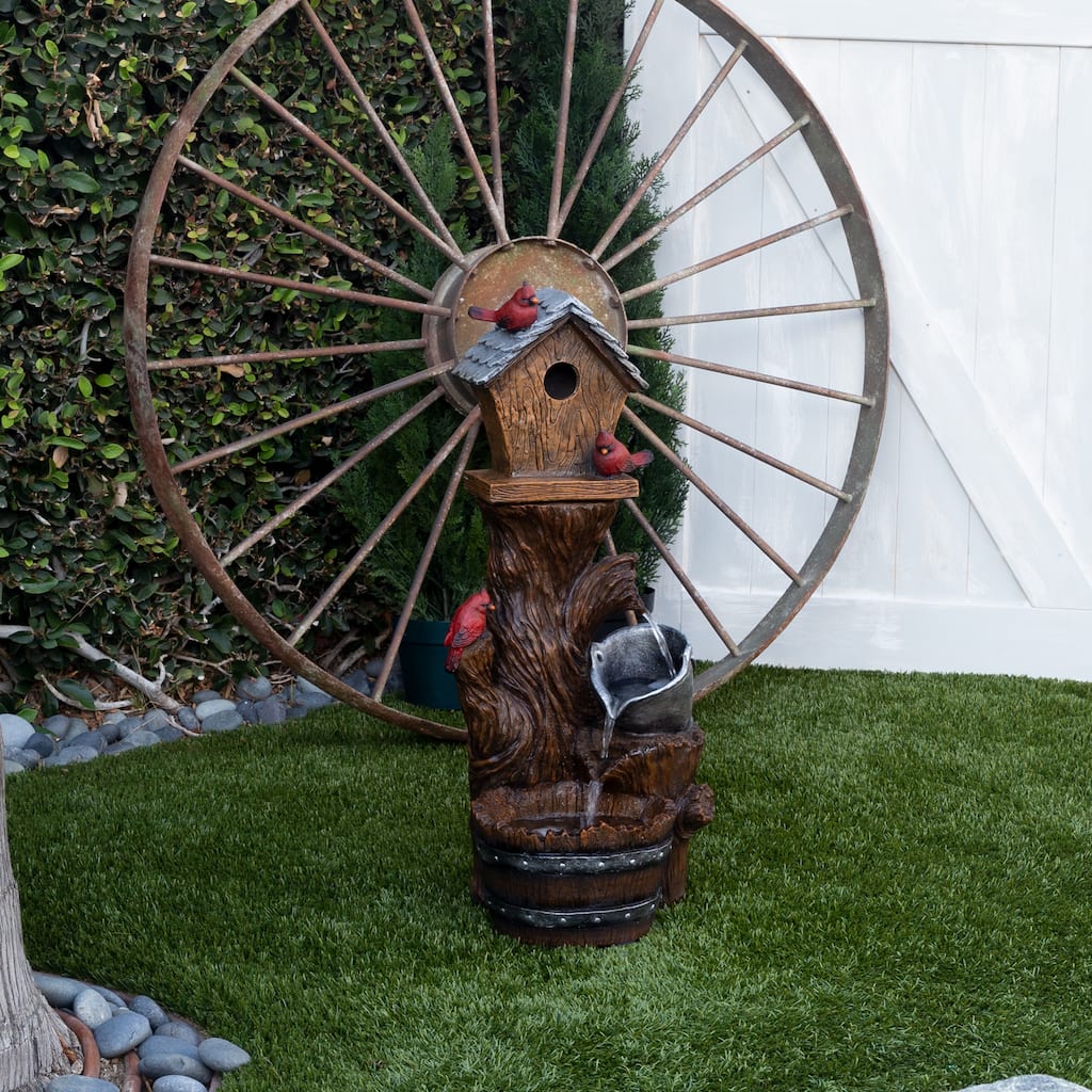 Alpine Corporation 32" Tall Outdoor Cascading Barrel Water Fountain and Cardinal Birdhouse Yard Decoration