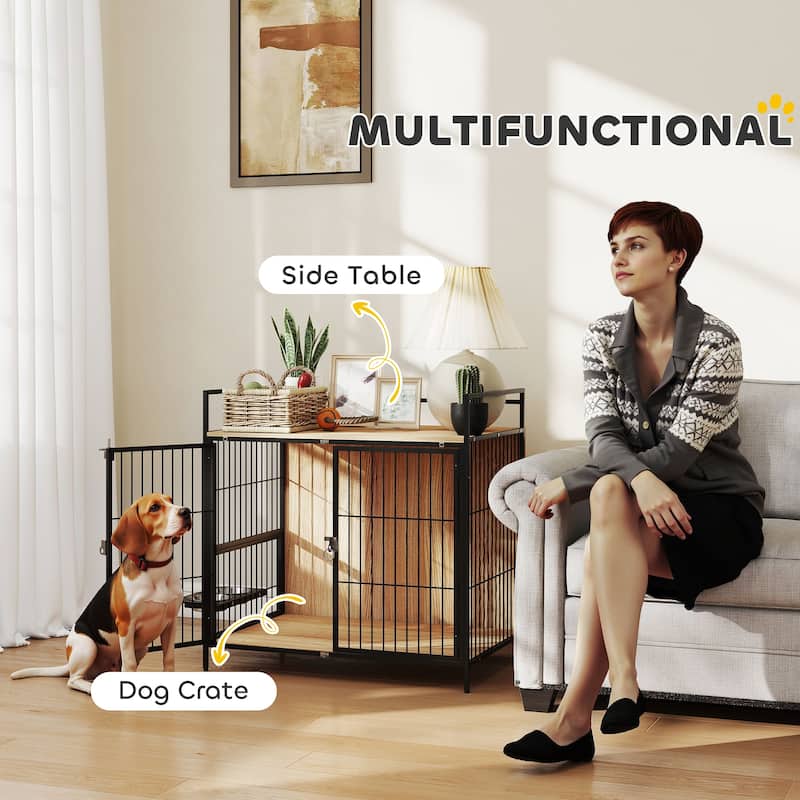 Oak Dog Crate Side Table with Double Doors Rotating Stainless Steel Bowls Elevated Non-Slip Feet and Melamine Finish