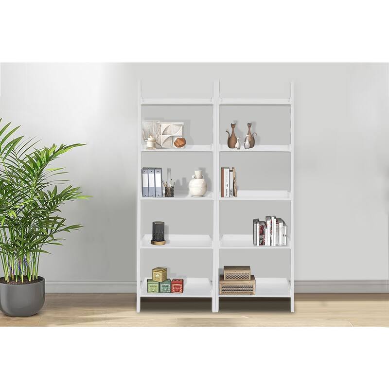 Solid Wood Lean-to 5-tier Shelf Unit Set (Set of 2) - Linen White