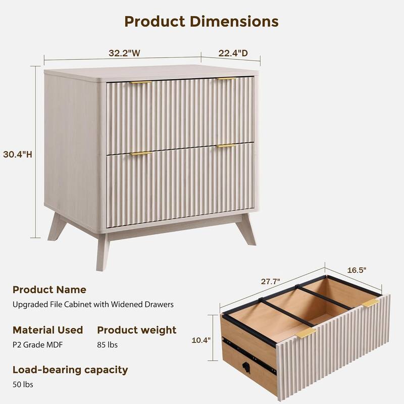 Modern Fluted 2 Drawer Lateral File Cabinet, Office Storage Cabinet