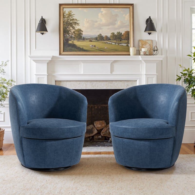 Modern Swivel Leather Accent Chair Upholstered Barrel Chair - Navy Blue-2 SET