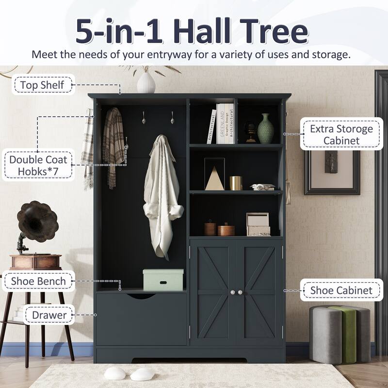 Entryway Cabinet Hall Tree Cabinet Shoe Cabinet with Bench and Coat Hooks, Storage Cabinet Coat Rack