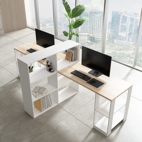 3-Way Modular Desk System in White and Oak Workstation Office Table ...