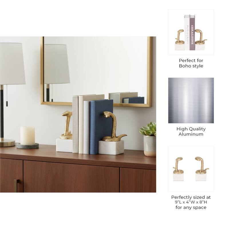 Decorative Faux Snake on Marble Base Bookends - Set of 2", 9", Gold - 9.0"