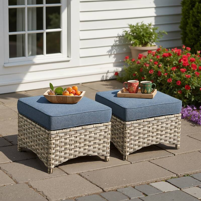 XIZZI Patio Wicker Ottoman with Cushion Outdoor Footrest - Denim Blue