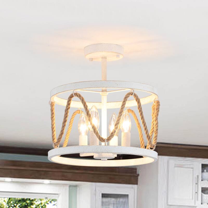 4-Light Hemp Rope Semi- Flush Mount with No Bulbs Included