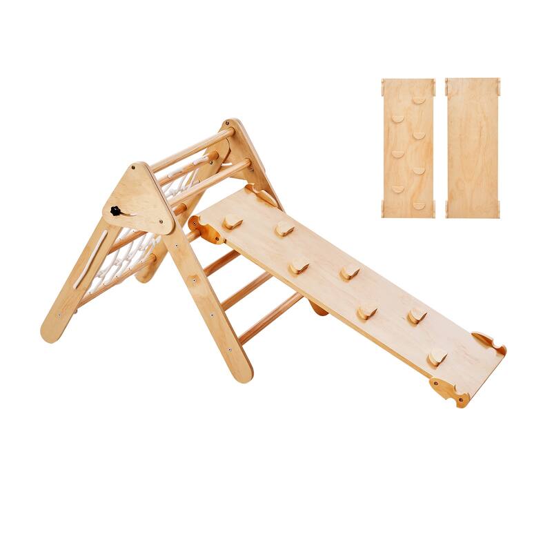 Pikler Triangle Set, Toddler Climbing Toys Indoor Playground, Ramp, and Arch, Montessori Climbing Set with Triangle - Large Size - Brown, 4 in 1