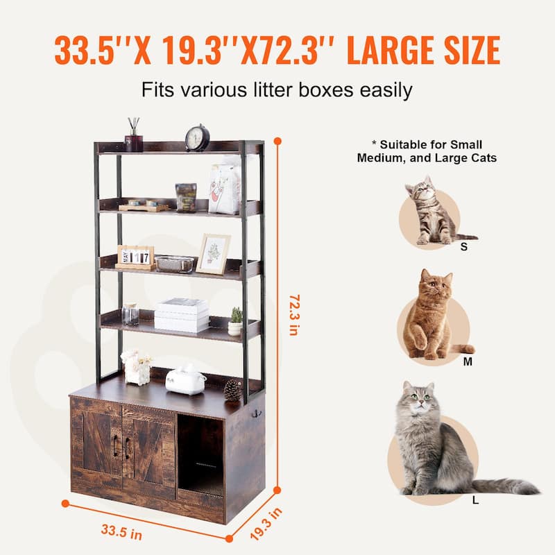 72.3-Inch Dark Brown Wooden Cat Litter Box Enclosure Furniture with 4 Shelves and Magnetic Door
