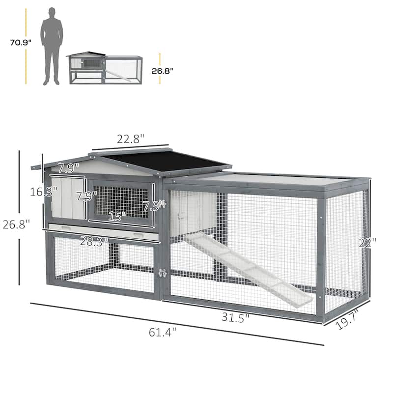 Grey Wooden Playpen Cage with Detachable Run Ramp Tray and Window Fence - 61.5"L x 22.75"W x 26.75"H