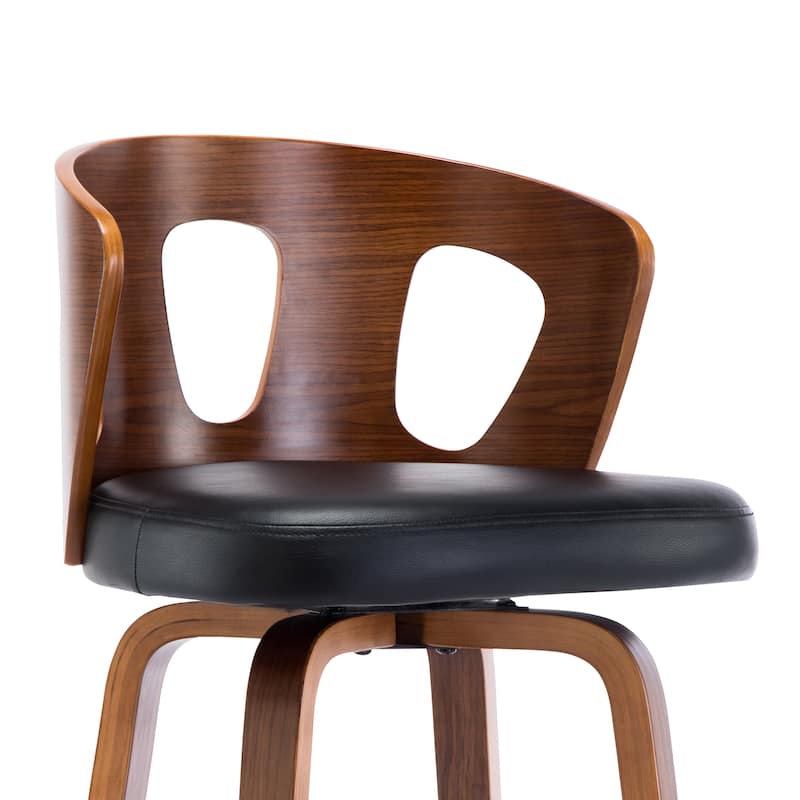 Mid-Century Black Faux Leather Wood Swivel Counter Stool