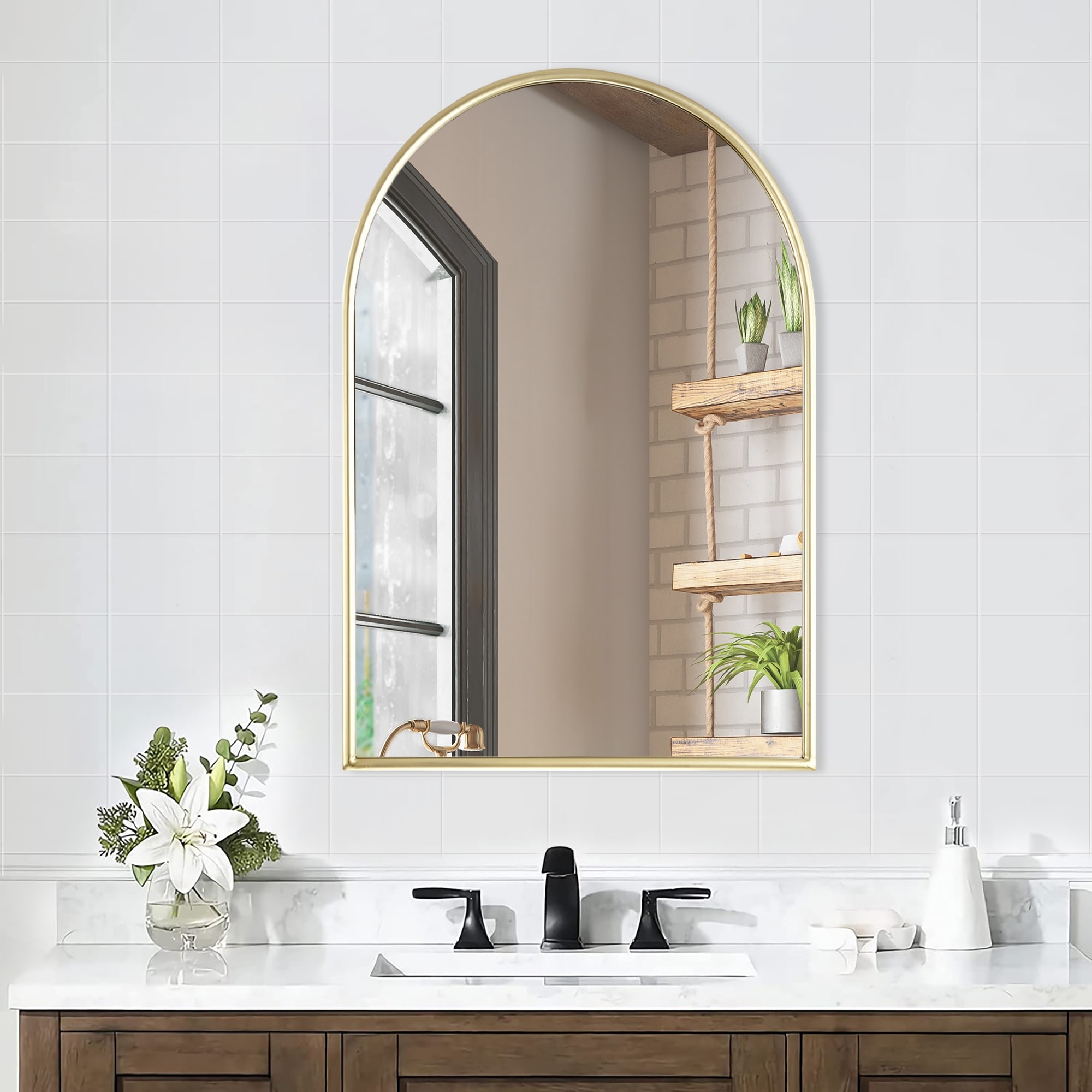 Gold 24 in. W x 35 in. H Arched Metal Frame Iron Modern Accent Mirror - 23.6 in. W x 35.5 in. H x 1 in. D