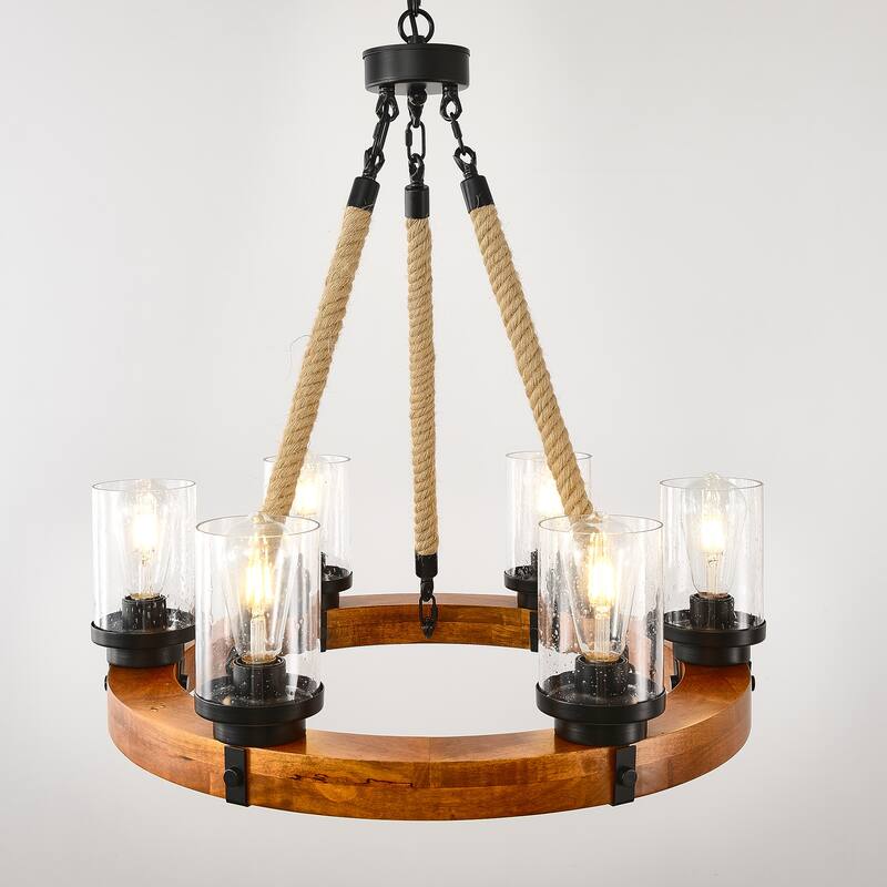 23.62 INCH Round Wood Pendant Light with Seeded Glass Shade, Rustic 6-LightChandelier, (8 Light)--NO INCLUDED BULBS