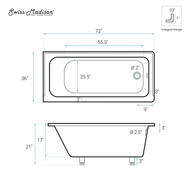 Voltaire 72 X 36 Right Drain Soaking Alcove Bathtub In Glossy White With Integrated Armrest