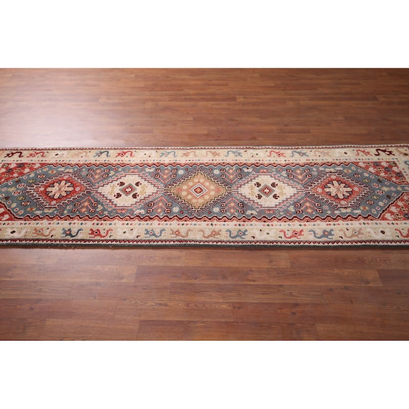 Gray Geometric Kazak Indian Runner Rug Hand-Knotted Wool Carpet - 2'6"x 8'2"