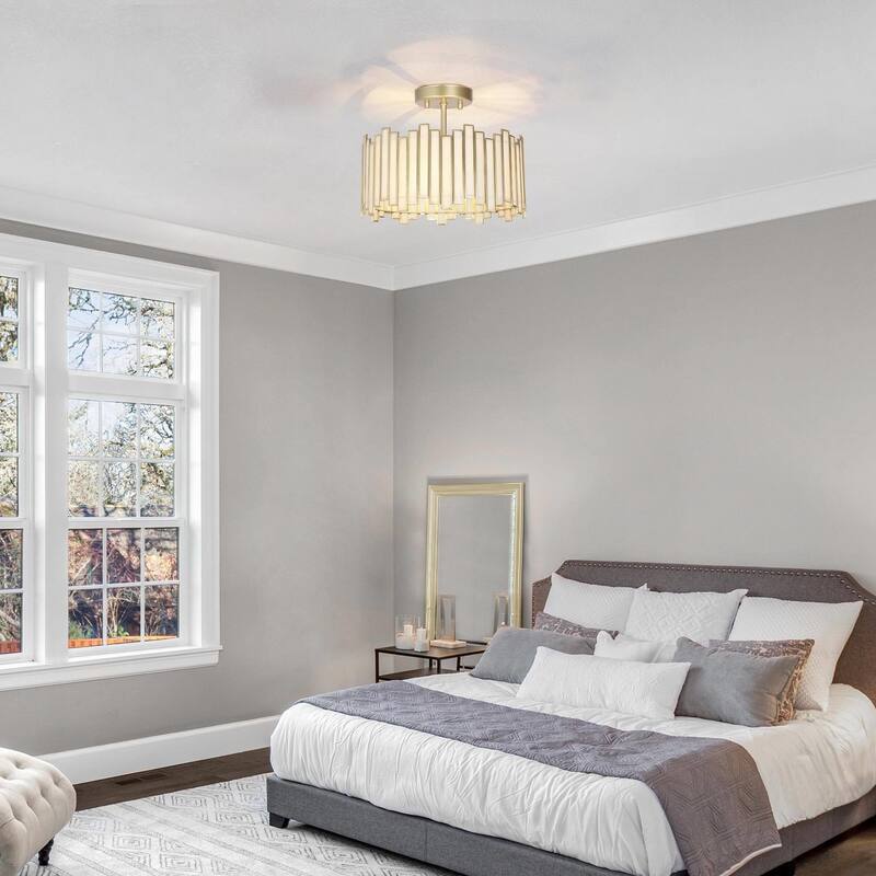 Modern Gold 3-Light Chandelier Metal Drum Semi-Flush Mount for Dining Room - 12.6" D x 10.2" H