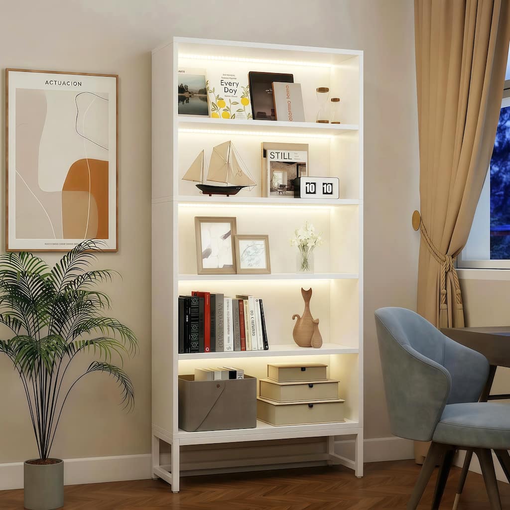 Freestanding Tall Bookcase with LED Lights, 5 Tier Bookshelf with Storage, Heavy Duty Wood Bookshelf with Adjustable Lighting