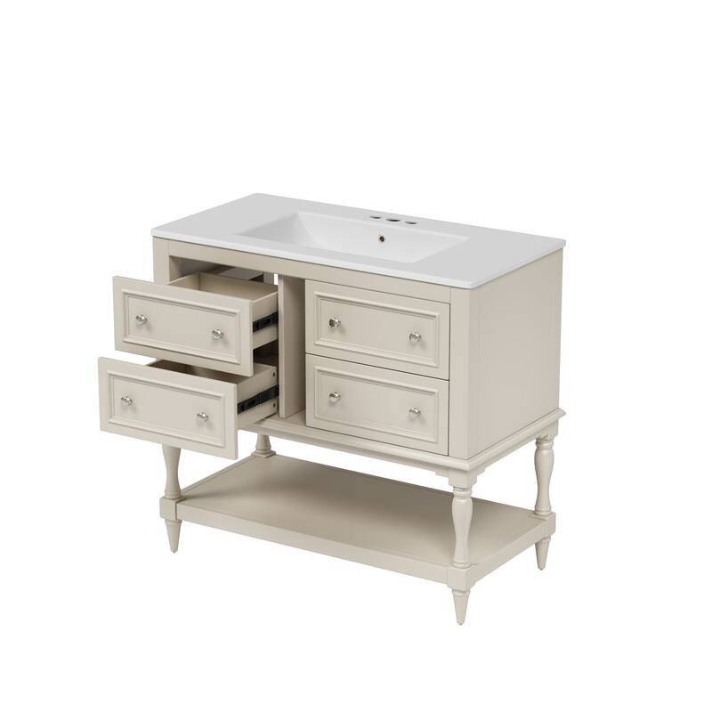 Bathroom Vanity with Ceramic Sink, Solid Wood Vanity Set with 4 Drawers, Bathroom Storage Cabinet with Open Shelf