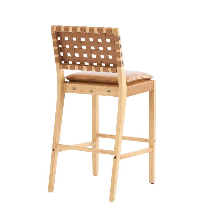 Rieti lndoor Wooden Barstool, Natural Finished Frame with Brown Upholstery, Set of 2