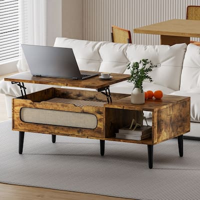 Mixoy 47" Lift Top Coffee Table with Storage and Hidden Compartment,Modern Wooden Center Table with Rattan Weaving Decoration