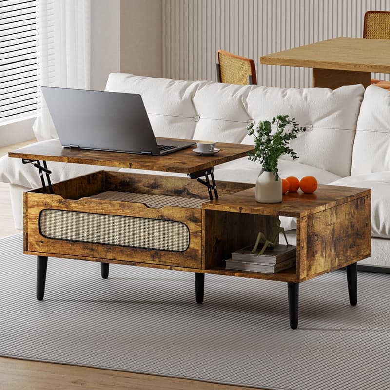 Mixoy 47" Lift Top Coffee Table with Storage and Hidden Compartment,Modern Wooden Center Table with Rattan Weaving Decoration