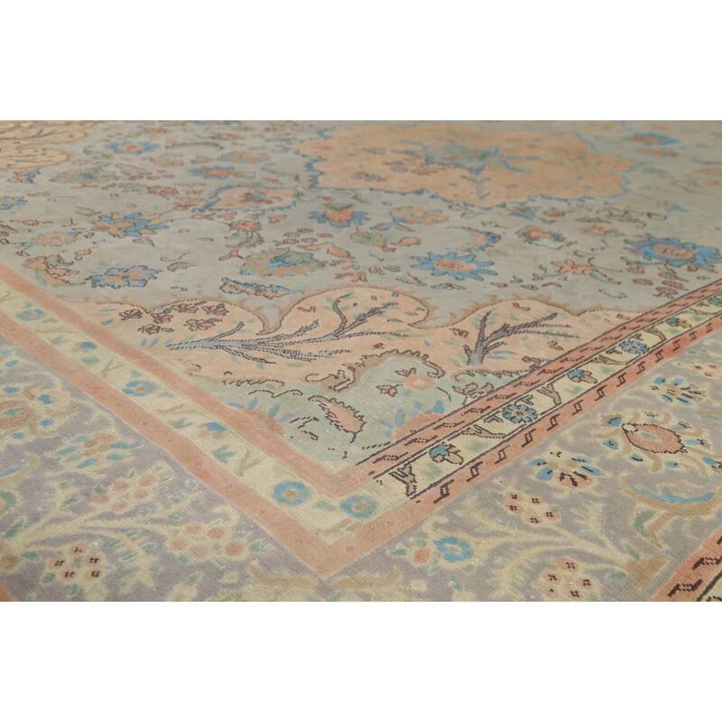 Floral Green Tabriz Persian Vintage Area Rug Hand-Knotted Wool Carpet - 9'7"x 12'11"