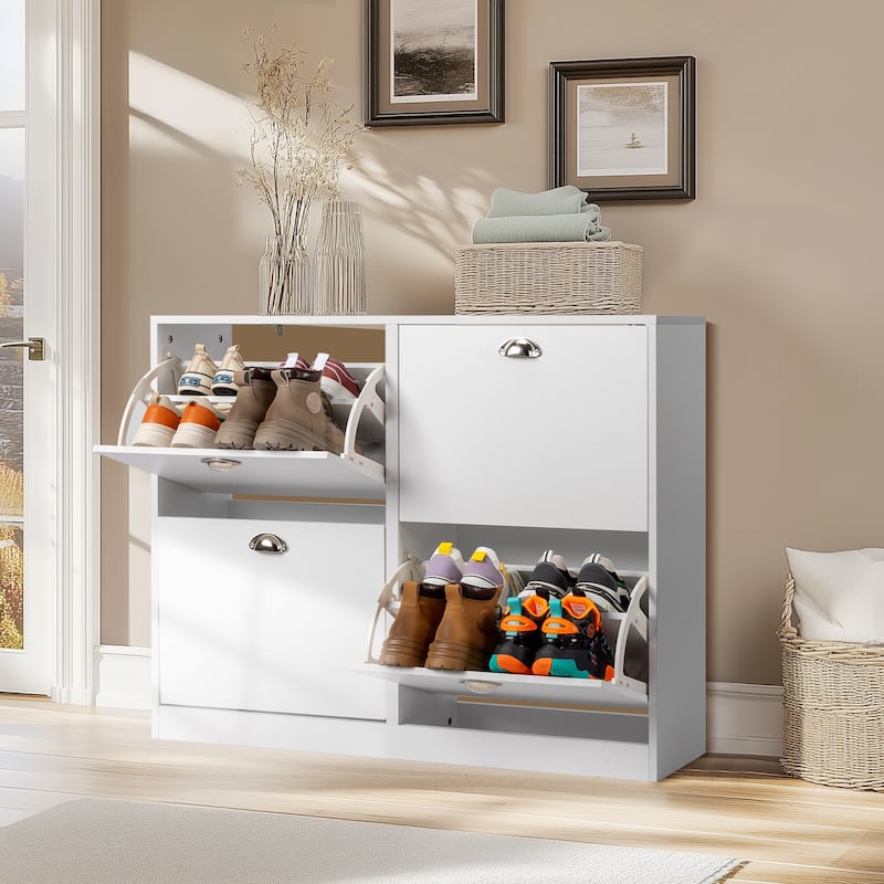 White Shoe Cabinet with 8 Large Drawers and Adjustable Storage Rack for Entryway and Hallway - 40.16”W x 9.84”D x 30.91”H