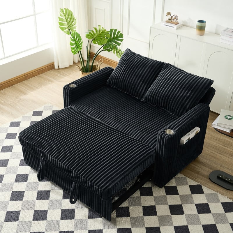 Corduroy Sleeper Sofa w/ USB Ports, Convertible Pull-Out Sofa Bed, Modern Sleeper Couch Loveseat w/ 2 Pillows & Pocket