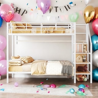 Modern Full over Full Bunk Bed With Lateral Storage Ladder and Wardrobe