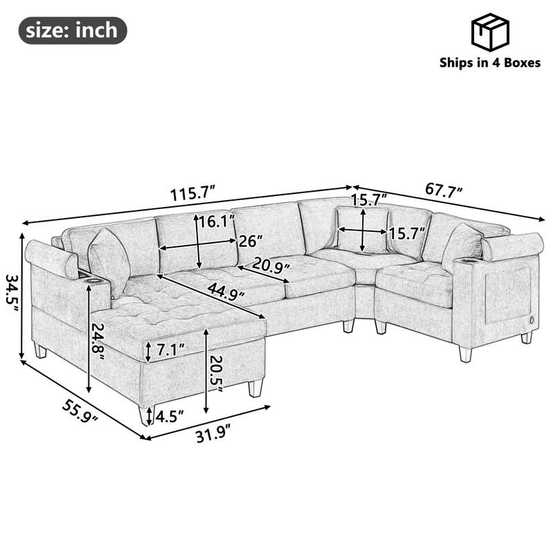 115.7" Modern Corner Oversized Sectional Sofa with Built-in Cup Holders and USB Ports